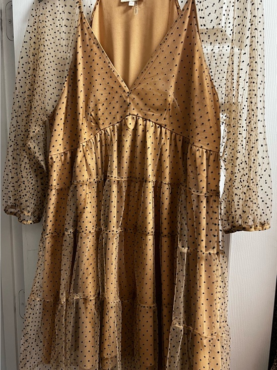 entro Dresses & Skirts - entro Mustard Polka Dot Tiered Mini Dress with Sheer Sleeves